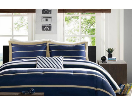 FaFurn - Full/Queen Size Comforter Set in Navy Blue White Khaki Stripe