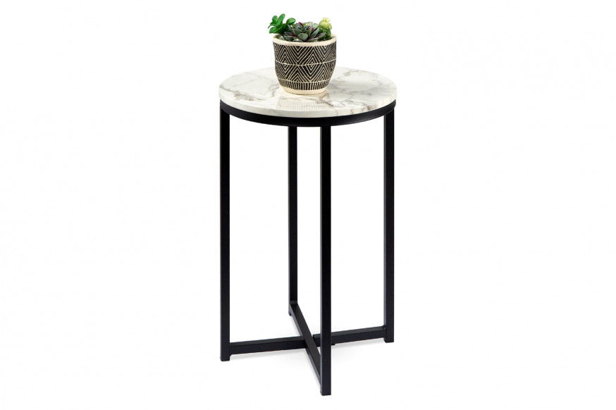 FaFurn™ Round Cross Leg Design Coffee Side Table Nightstand with Faux Marble Top - White/Matte Black