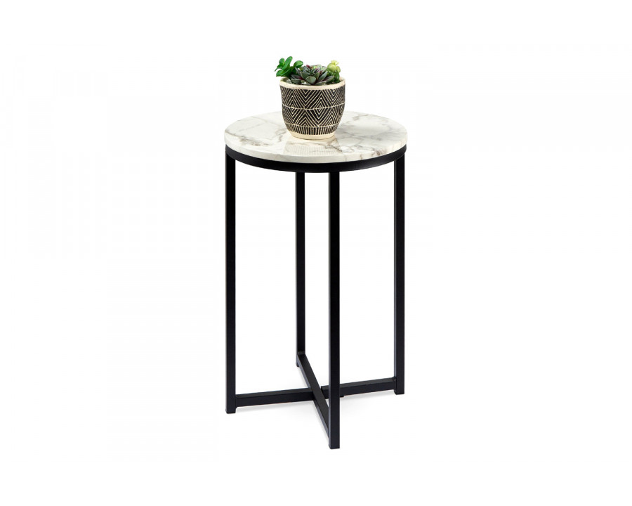 FaFurn Round Cross Leg Design Coffee Side Table Nightstand with Faux Marble Top - White/Matte Black