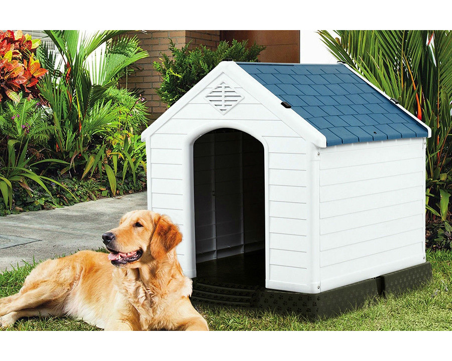 FaFurn - Medium Size Dog House Outdoor White Blue Plastic with Elevated Floor