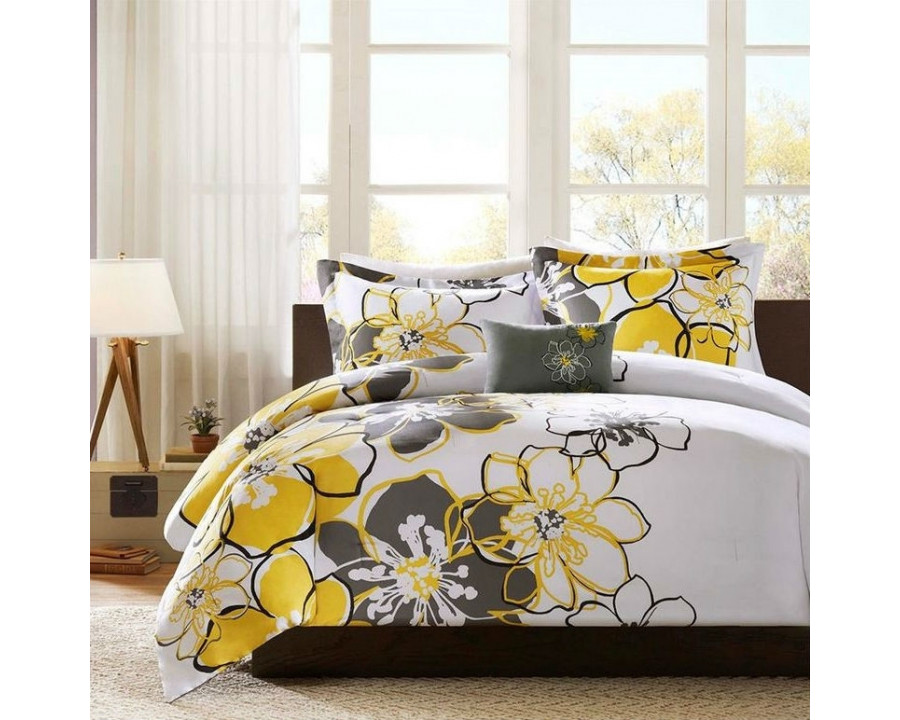 FaFurn - 4-Piece Queen Size Comforter Set with Floral Pattern in Yellow/Gray