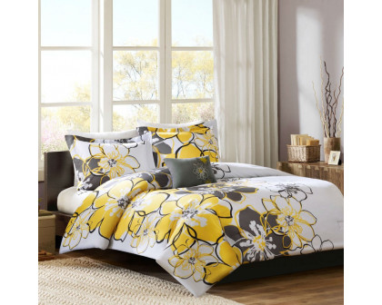 FaFurn - 4-Piece Queen Size Comforter Set with Floral Pattern in Yellow/Gray