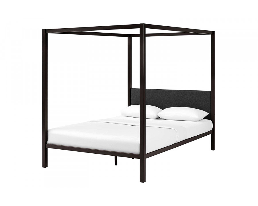 FaFurn Queen Size Metal Canopy Bed Frame with Gray Fabric Upholstered Headboard - Brown