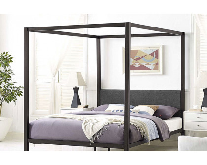 FaFurn Queen Size Metal Canopy Bed Frame with Gray Fabric Upholstered Headboard - Brown