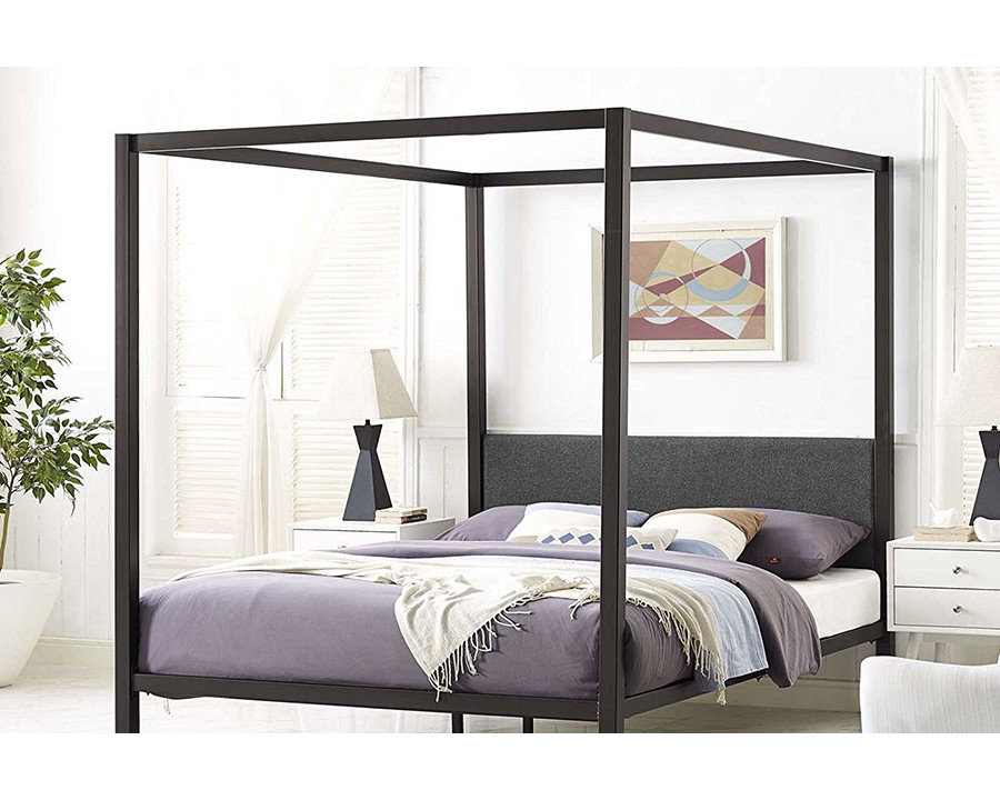 FaFurn - Metal Canopy Bed Frame with Gray Fabric Upholstered Headboard