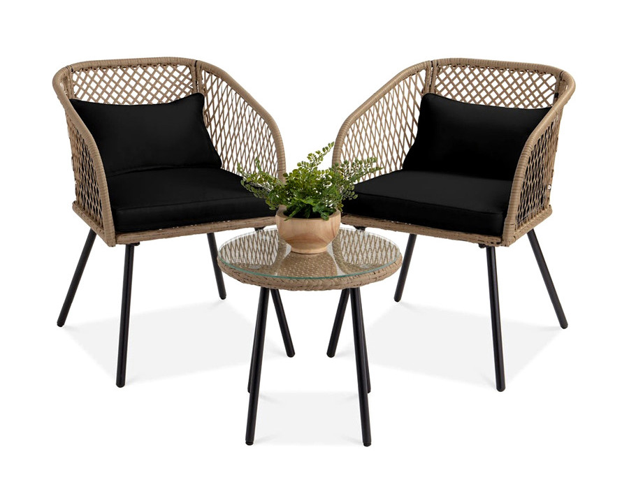 FaFurn - 3 Piece Beige/Black Outdoor Weave Wicker Bistro with Tempered Glass Side Table Set