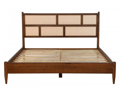 FaFurn King Size Platform Bed with Cane Paneling Headboard - Walnut, Wood