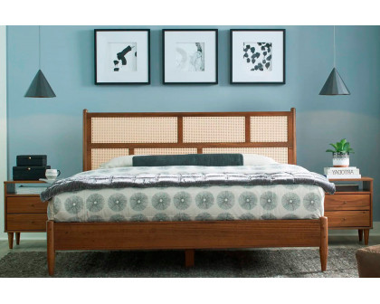 FaFurn King Size Platform Bed with Cane Paneling Headboard - Walnut, Wood