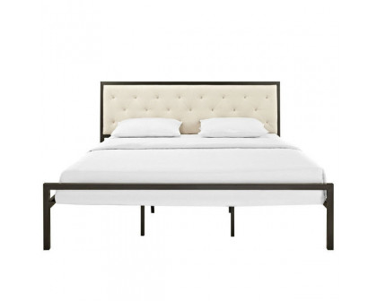 FaFurn - Modern King Size Platform Bed Frame with Upholstered Headboard in Beige, Metal