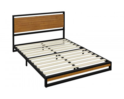 FaFurn Modern Metal Platform Bed Frame with Wood Slatted Headboard - Full Size