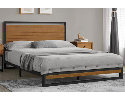 FaFurn - Modern Metal Platform Bed Frame with Wood Slatted Headboard