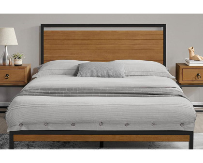 FaFurn Modern Metal Platform Bed Frame with Wood Slatted Headboard - Full Size