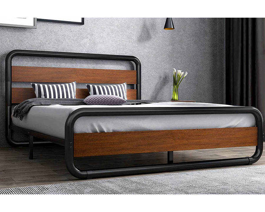 FaFurn Heavy Duty Round Metal Frame Platform Bed with Wood Panel Headboard - Black/Wood, Queen Size