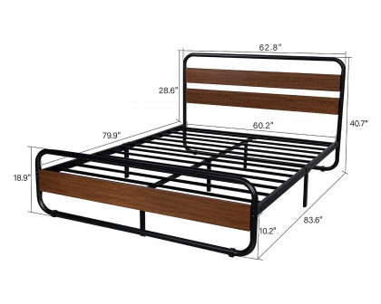 FaFurn Heavy Duty Round Metal Frame Platform Bed with Wood Panel Headboard - Black/Wood, Queen Size