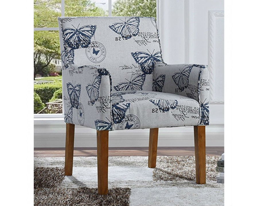 FaFurn - Modern Armchair with Blue Butterfly Pattern and Wood Legs in Blue