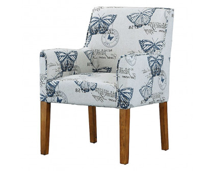 FaFurn - Modern Armchair with Blue Butterfly Pattern and Wood Legs in Blue