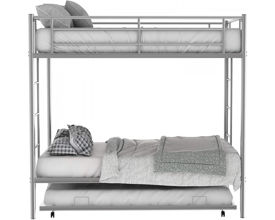 FaFurn - Twin Size Bunk Bed with Roll-Out Trundle Bed Frame in Silver, Metal