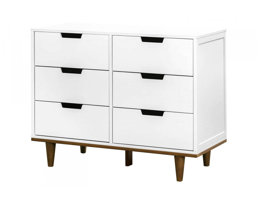 FaFurn Modern Mid-Century Style 6-Drawer Double Dresser in Wood Finish - White/Walnut