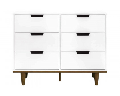 FaFurn Modern Mid-Century Style 6-Drawer Double Dresser in Wood Finish - White/Walnut