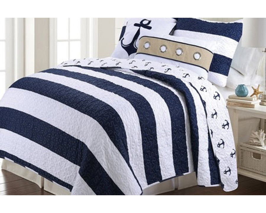 FaFurn 3 Piece Nautical Stripped/Anchors Reversible Microfiber Quilt Set - Navy, Full/Queen Size