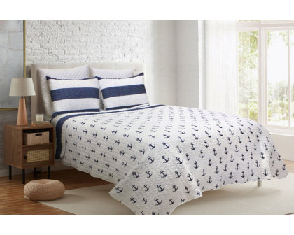 FaFurn 3 Piece Nautical Stripped/Anchors Reversible Microfiber Quilt Set - Navy, Full/Queen Size