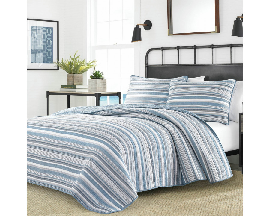 FaFurn 3-Piece Full/Queen Size Reversible Quilt Set - Blue/White/Gray, Cotton