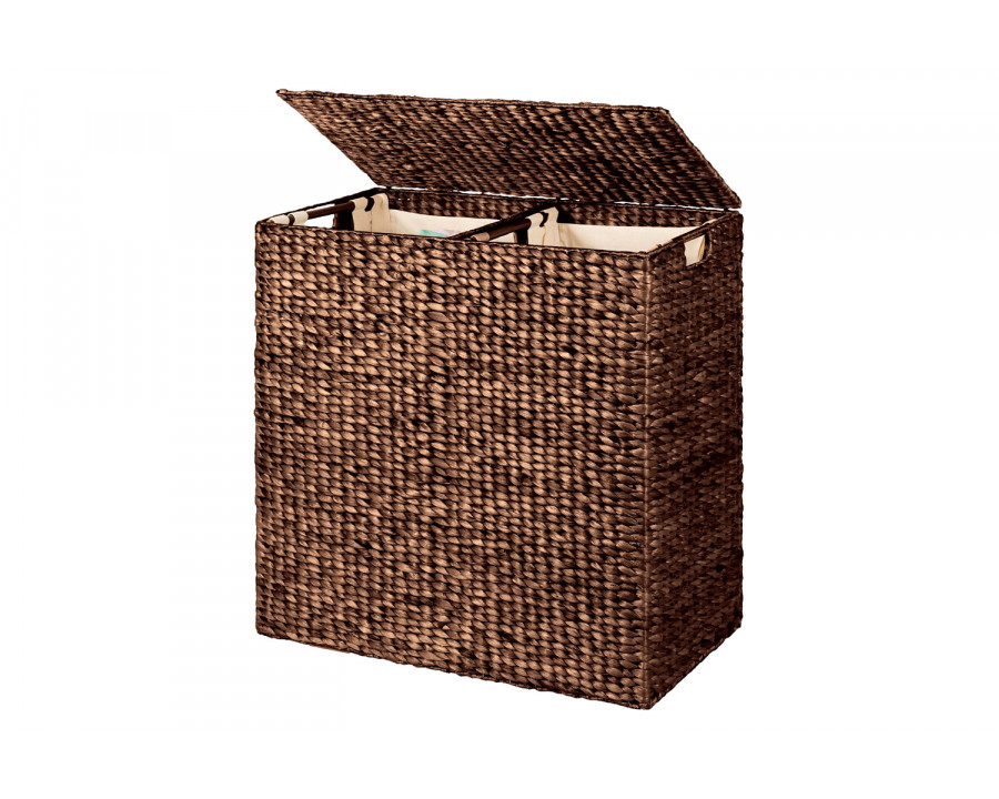 FaFurn - Espresso 2-Bin Handwoven Hyacinth Linen Liner Laundry Hamper with Handles