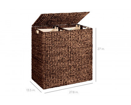 FaFurn - Espresso 2-Bin Handwoven Hyacinth Linen Liner Laundry Hamper with Handles