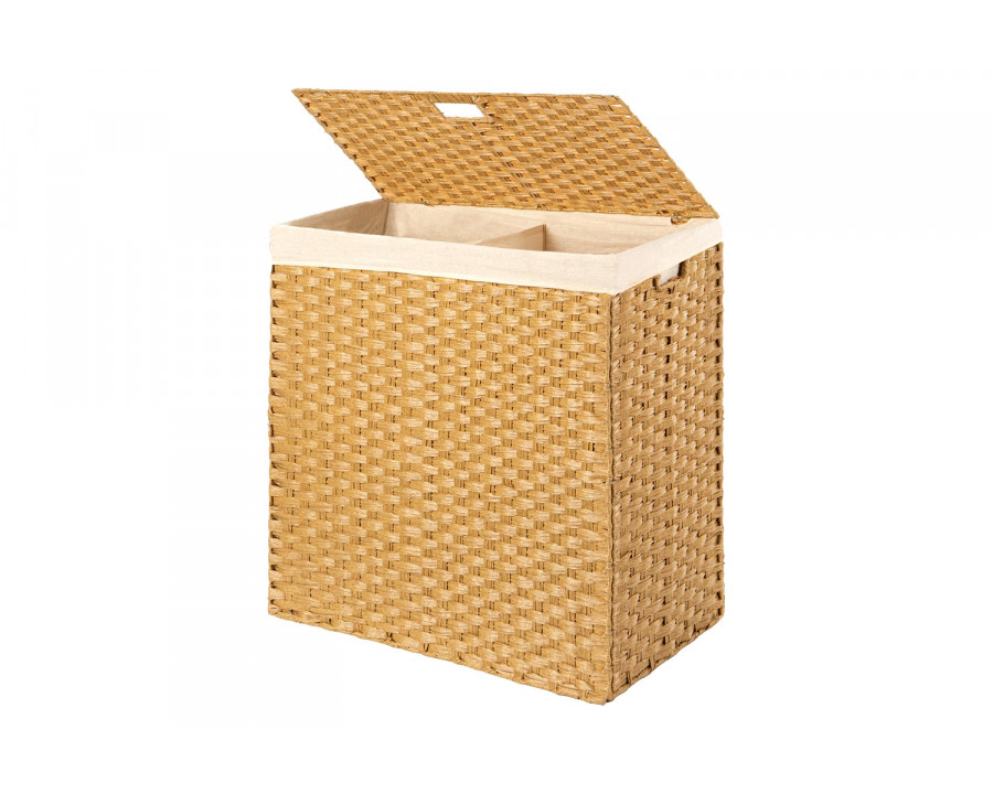 FaFurn - Folding 2-Bin Pe Wicker Linen Liner Laundry Hamper with Handles