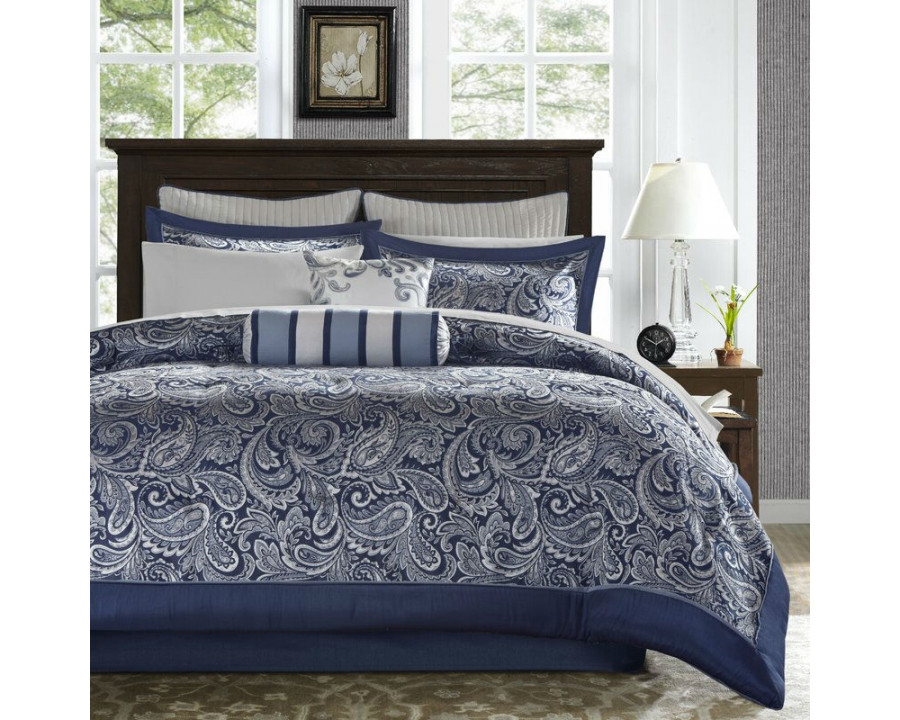 FaFurn 12-Piece King Size Comforter Set - Navy Blue/White