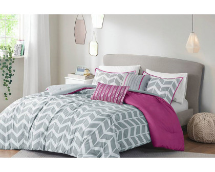 FaFurn Reversible Comforter Set with Chevron Stripe - Gray/White/Purple, Full/Queen Size