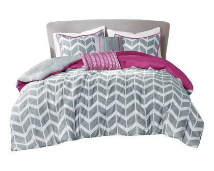 FaFurn Reversible Comforter Set with Chevron Stripe - Gray/White/Purple, Full/Queen Size