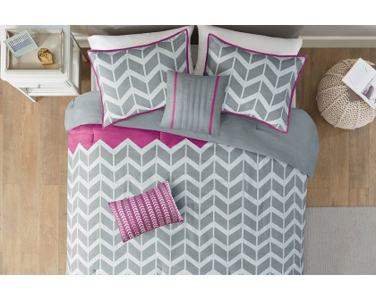 FaFurn Reversible Comforter Set with Chevron Stripe - Gray/White/Purple, Full/Queen Size