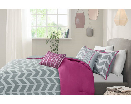 FaFurn Reversible Comforter Set with Chevron Stripe - Gray/White/Purple, Full/Queen Size