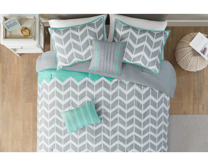 FaFurn Reversible Comforter Set with Chevron Stripe - Gray/White/Aqua, Full/Queen Size