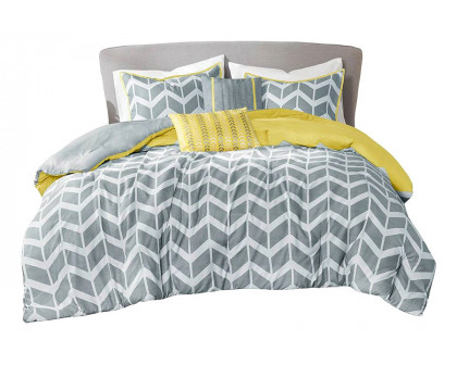 FaFurn Reversible Comforter Set with Chevron Stripe - Gray/White/Yellow, Full/Queen Size