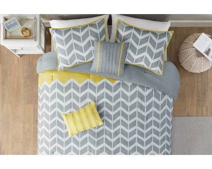 FaFurn Reversible Comforter Set with Chevron Stripe - Gray/White/Yellow, Full/Queen Size