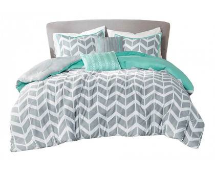 FaFurn Reversible Comforter Set with Chevron Stripe - Gray/White/Aqua, King Size/California King