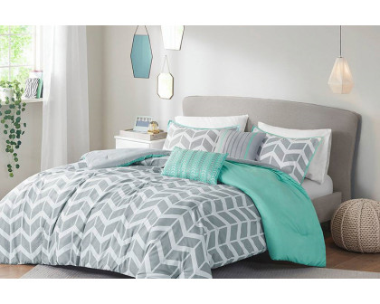 FaFurn Reversible Comforter Set with Chevron Stripe - Gray/White/Aqua, King Size/California King