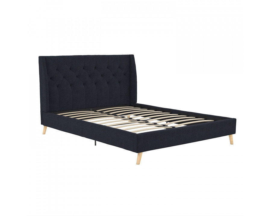 FaFurn Queen Size Platform Bed Frame with Wingback Headboard - Navy Blue