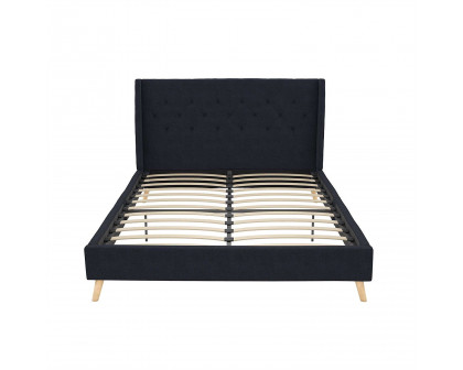 FaFurn Queen Size Platform Bed Frame with Wingback Headboard - Navy Blue