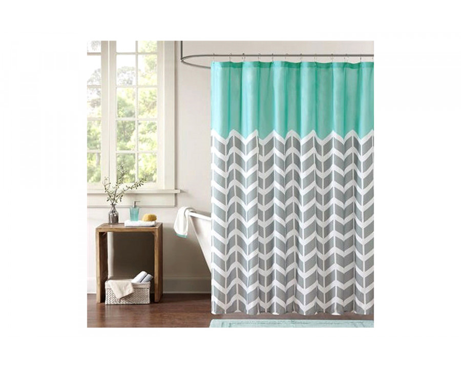 FaFurn - Teal Gray White Zig Zag Chevron Microfiber Shower Curtain