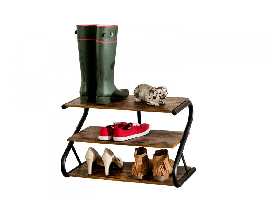 FaFurn - Modern Industrial Metal Wood 3-Tier Shoe Rack Holds Up To 9 Pair of Shoes