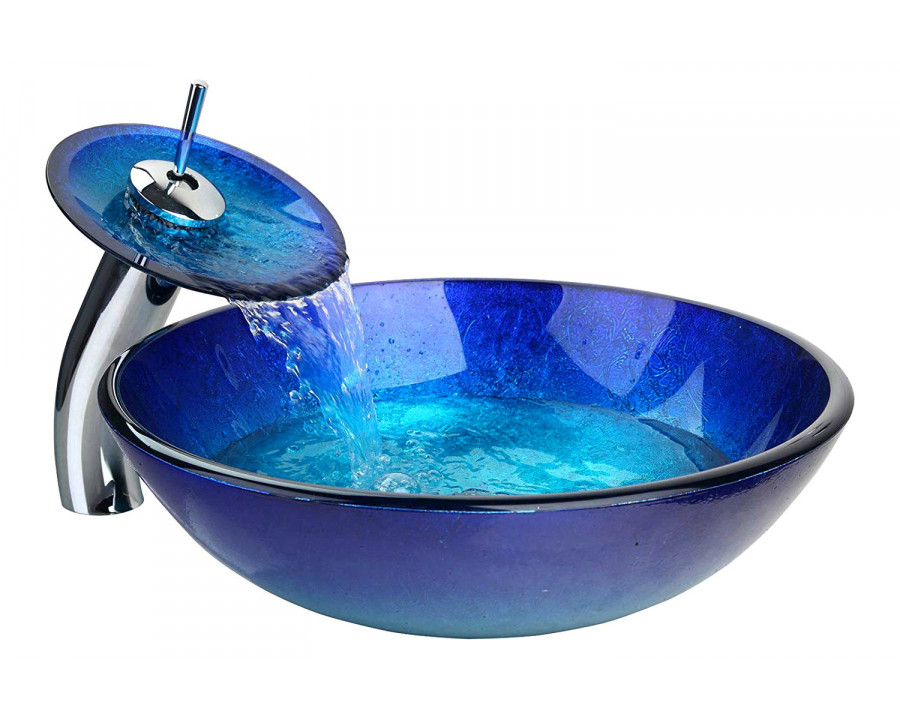 FaFurn - Modern Blue Glass Bathroom Vessel Sink and Faucet with Chrome Drain