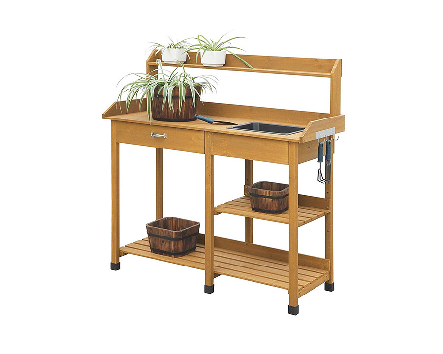 FaFurn - Outdoor Garden Wood Potting Bench Work Table with Sink in Light Wood Finish