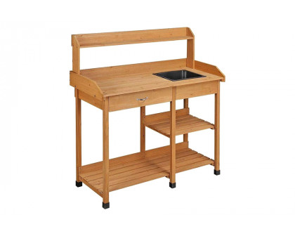 FaFurn - Outdoor Garden Wood Potting Bench Work Table with Sink in Light Wood Finish