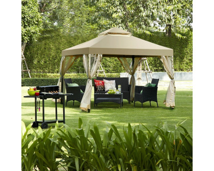 FaFurn - Gazebo with Canopy and Mesh Side Walls in Tan Brown, Metal/Polyester