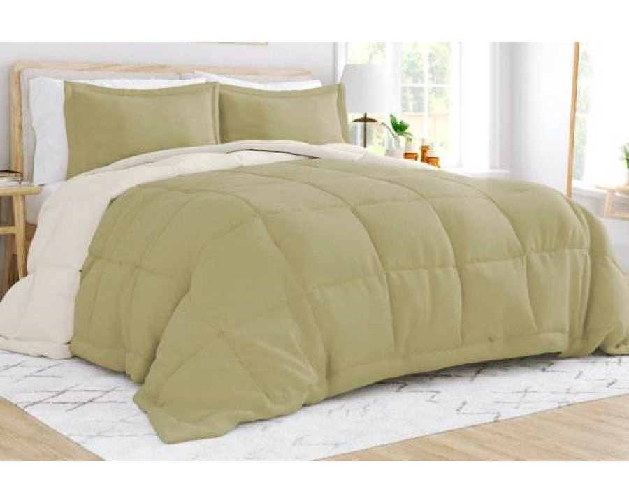 FaFurn Full/Queen Size 3-Piece Reversible Comforter Set - Green/Cream, Microfiber