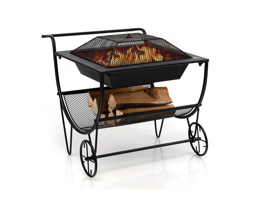 FaFurn Portable Outdoor Wheeled Log Storage Rack and Wood Burning Fire Pit