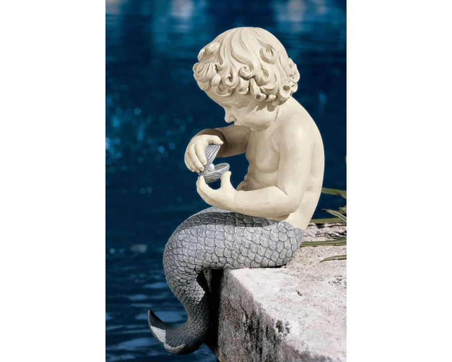 FaFurn - Young Little Sitting Mermaid Garden Statue with Oyster and Pearl